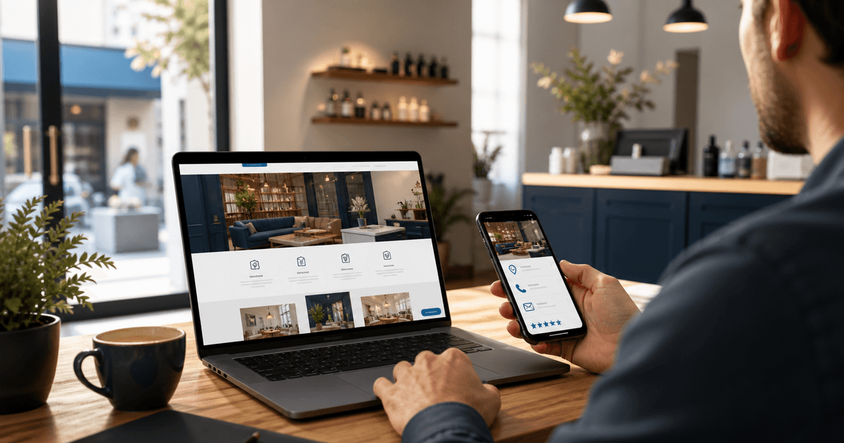 Titolare di un'attività locale che controlla il proprio sito vetrina su laptop e smartphone