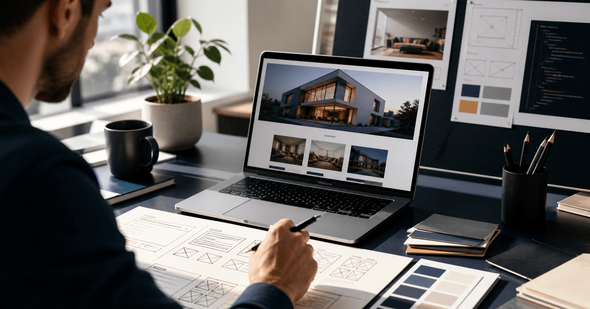 Designer che progetta un sito vetrina personalizzato con wireframe, palette colori e sviluppo custom