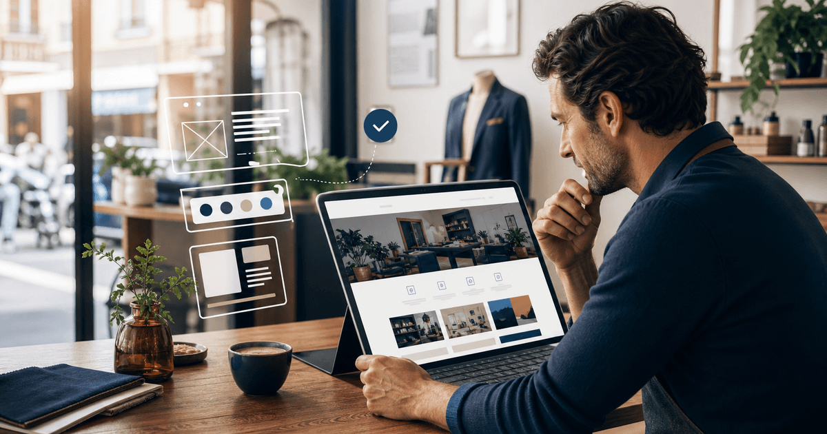 Titolare di un'attività locale che valuta il design di un sito vetrina professionale su un computer portatile