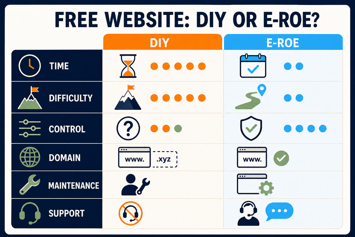 Comparison of a DIY free website and E-ROE by time, difficulty, control, domain, maintenance and support