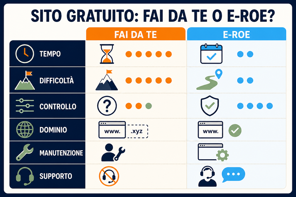 Confronto tra sito gratuito fai da te ed E-ROE per tempo, difficoltà, controllo, dominio, manutenzione e supporto