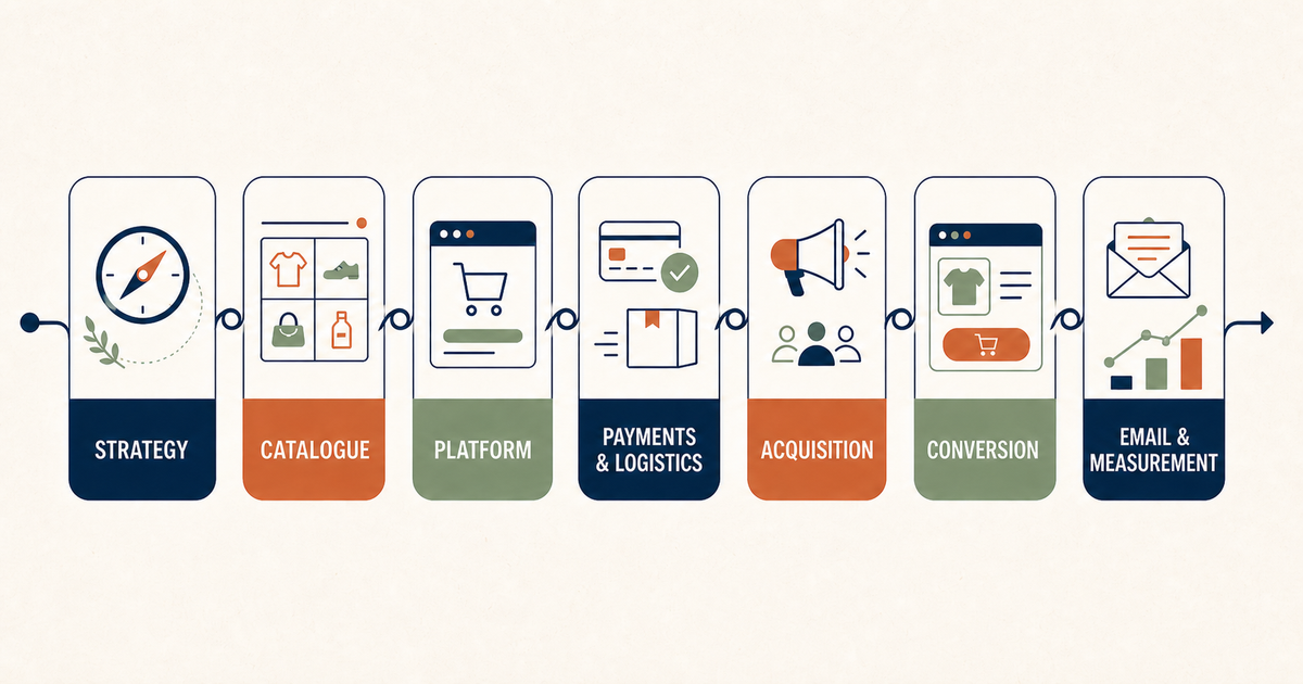 Stage map to create an ecommerce, from strategy to measurement