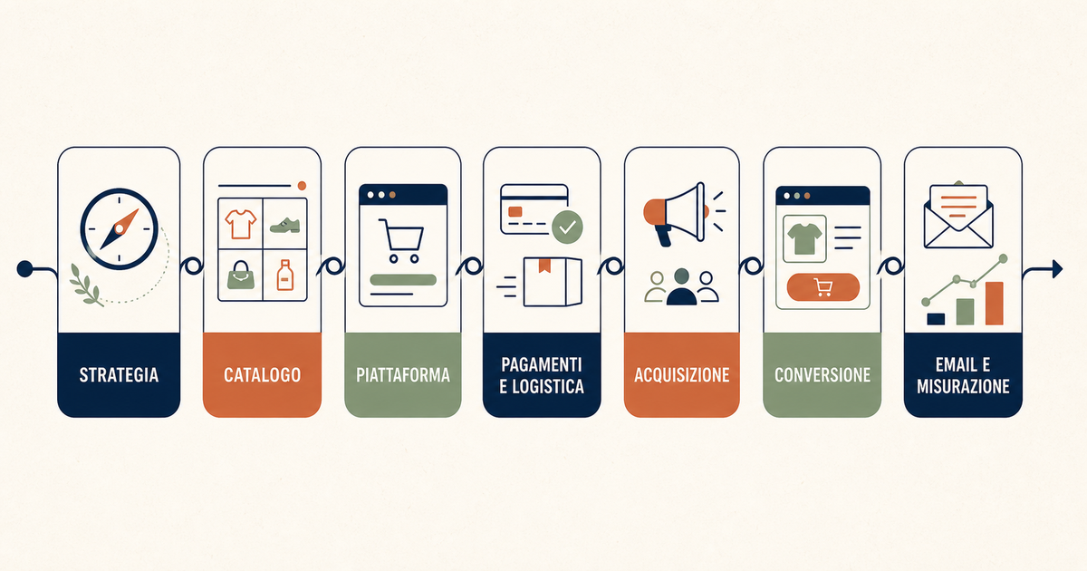 Mappa delle fasi per creare un e-commerce, dalla strategia alla misurazione