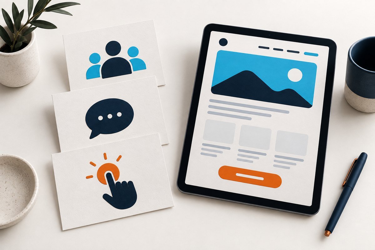 Conceptual cards for audience, customer question and action next to a web page
