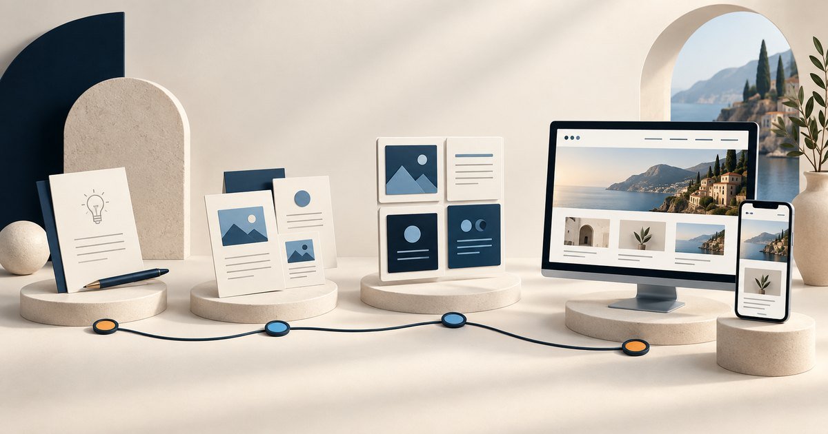 Illustrated stages of a business website, from the brief and page plan to desktop and mobile screens