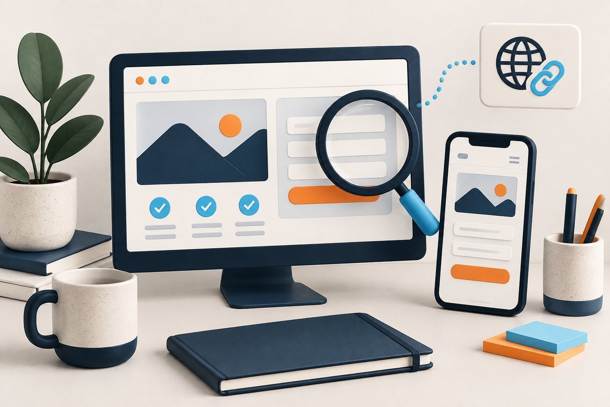 Illustrated checks for desktop and mobile pages, form and links