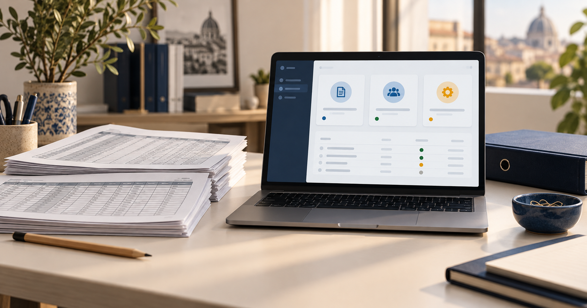 Illustrative scene showing the move from spreadsheets to a shared business application
