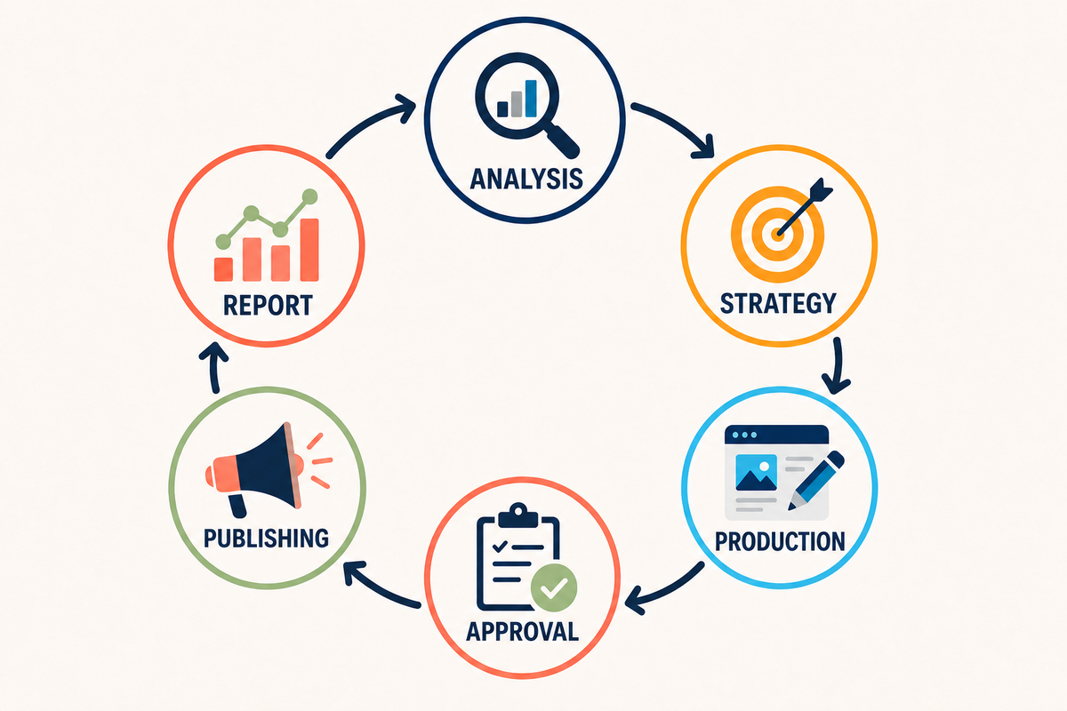 Social media management cycle: analysis, strategy, production, approval, publishing and reporting