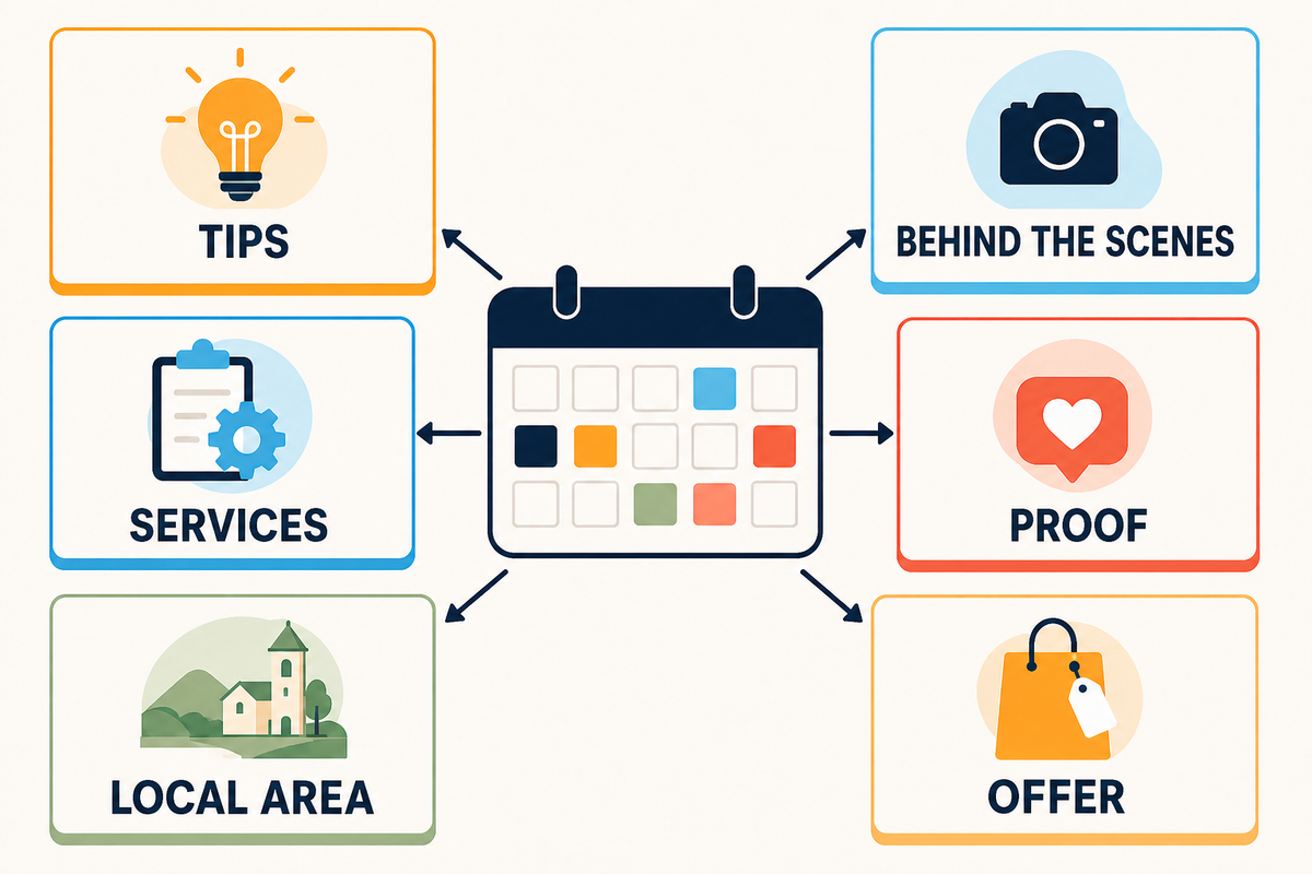 Six content pillars: tips, behind the scenes, services, proof, local area and offers
