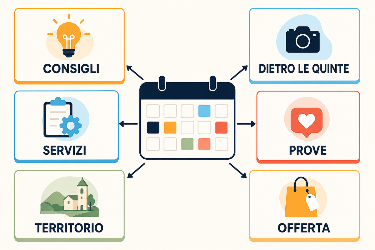 Infografica dei sei pilastri del piano editoriale: consigli, dietro le quinte, servizi, prove, territorio e offerta