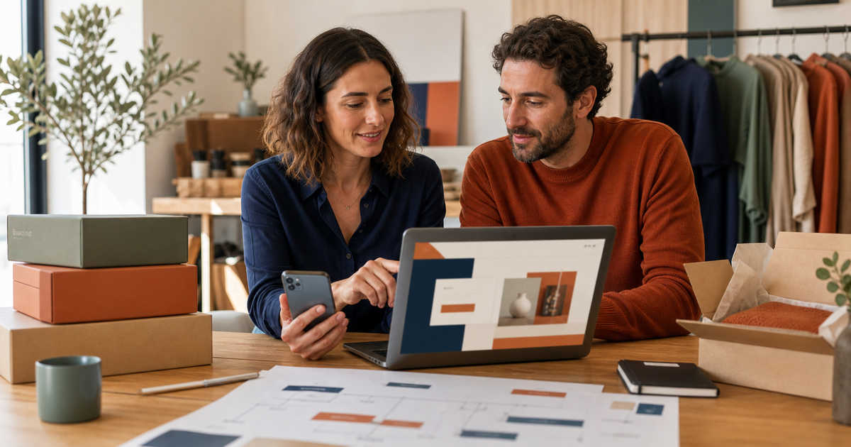 Imprenditori di Piacenza mentre progettano un e-commerce professionale su computer e smartphone