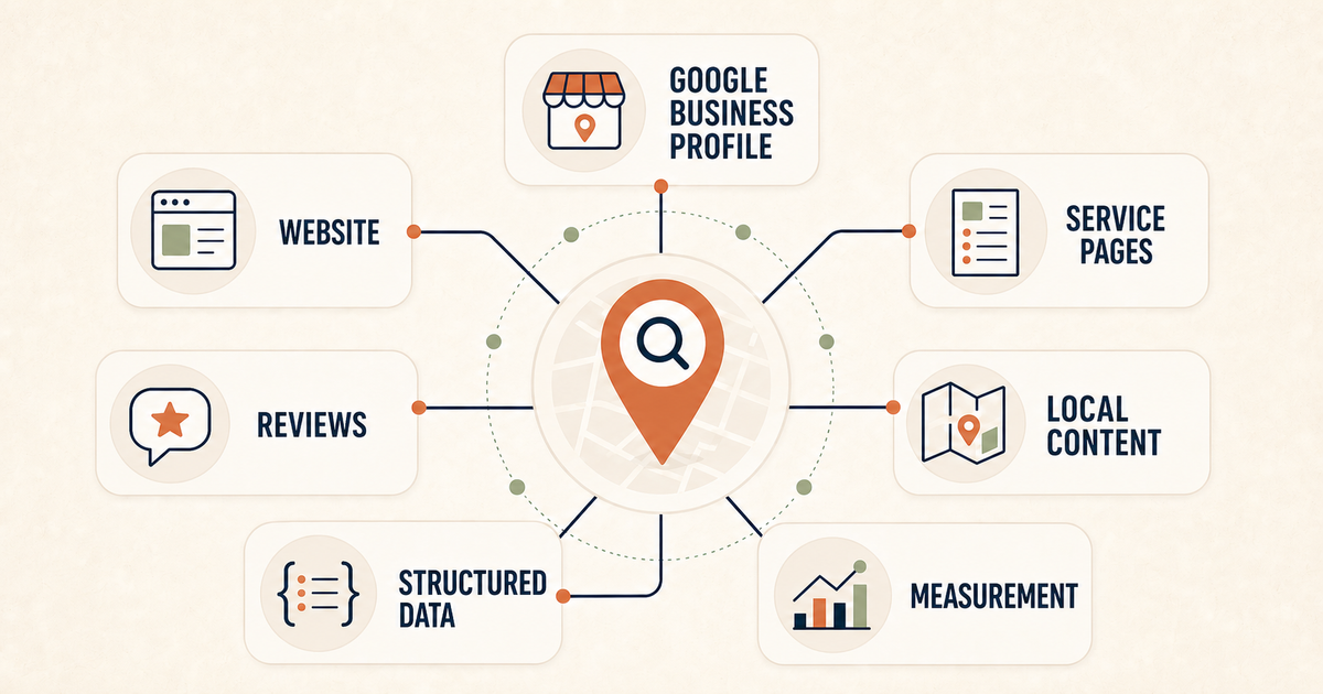 Local SEO map between Google tab, site, content, reviews and measurement