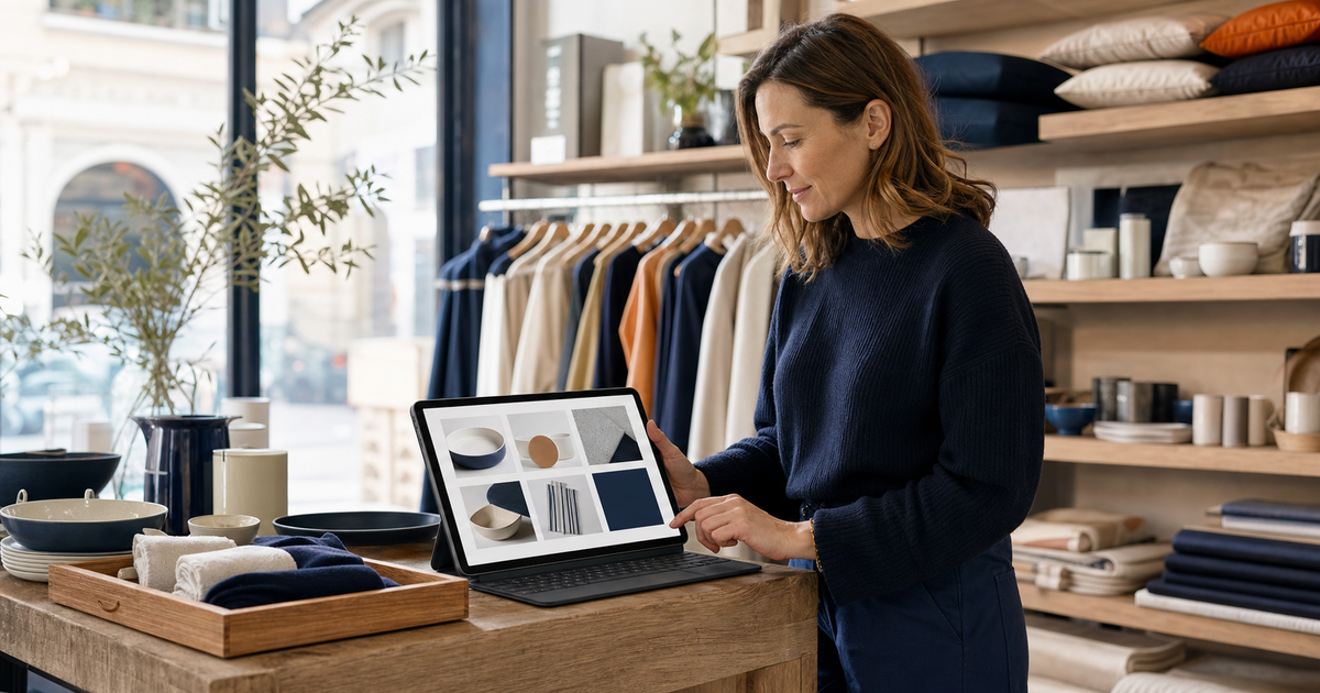 Titolare di un negozio fisico che consulta sul computer il catalogo digitale della propria attività