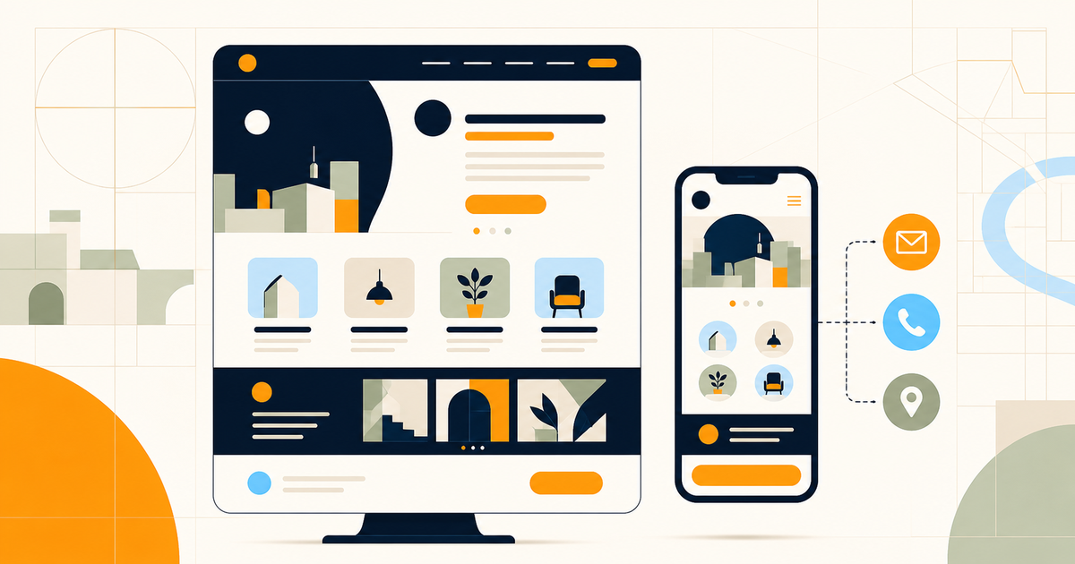 Schema illustrato di un sito vetrina per un'attività locale di Piacenza visualizzato su computer e smartphone