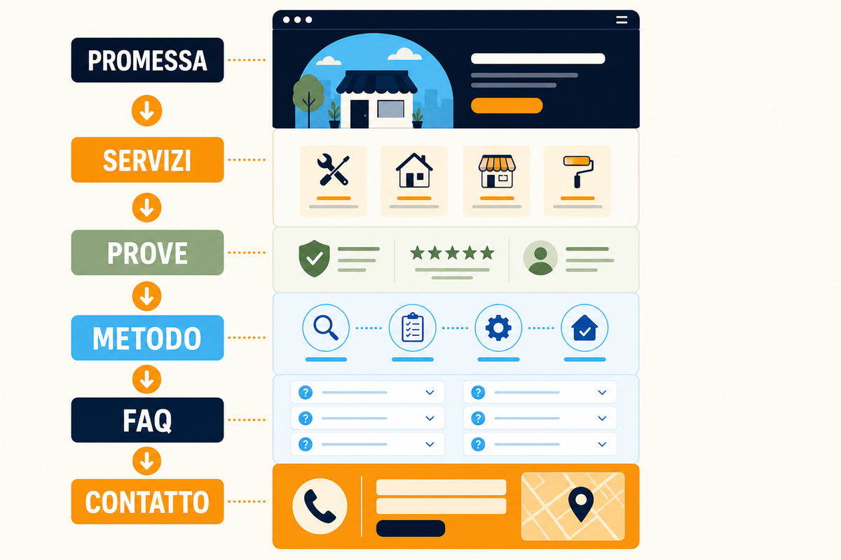 Infografica con le sezioni promessa, servizi, prove, metodo, FAQ e contatto di una homepage efficace