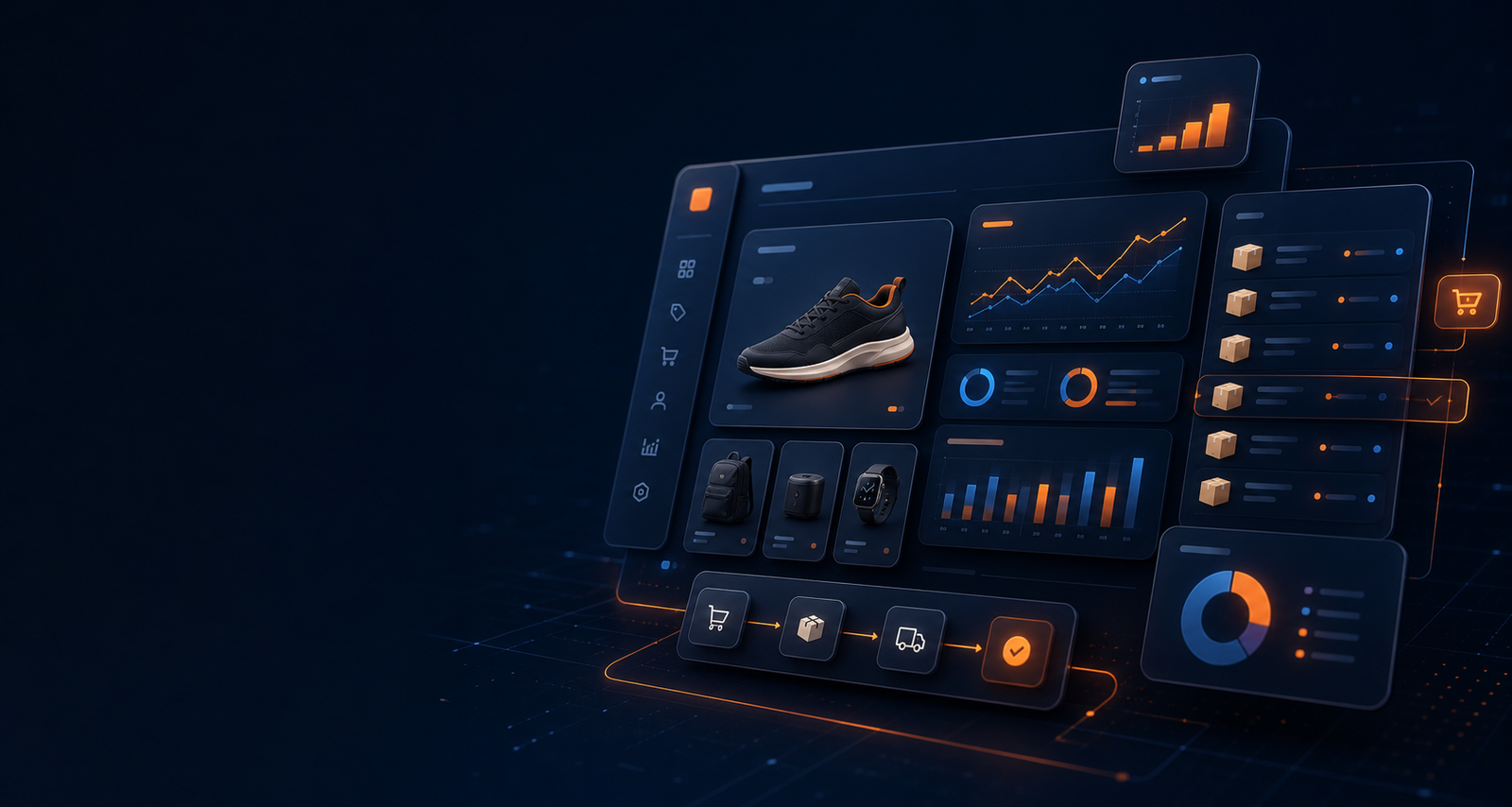 Dashboard digitale con metriche e-commerce, prodotti e automazioni