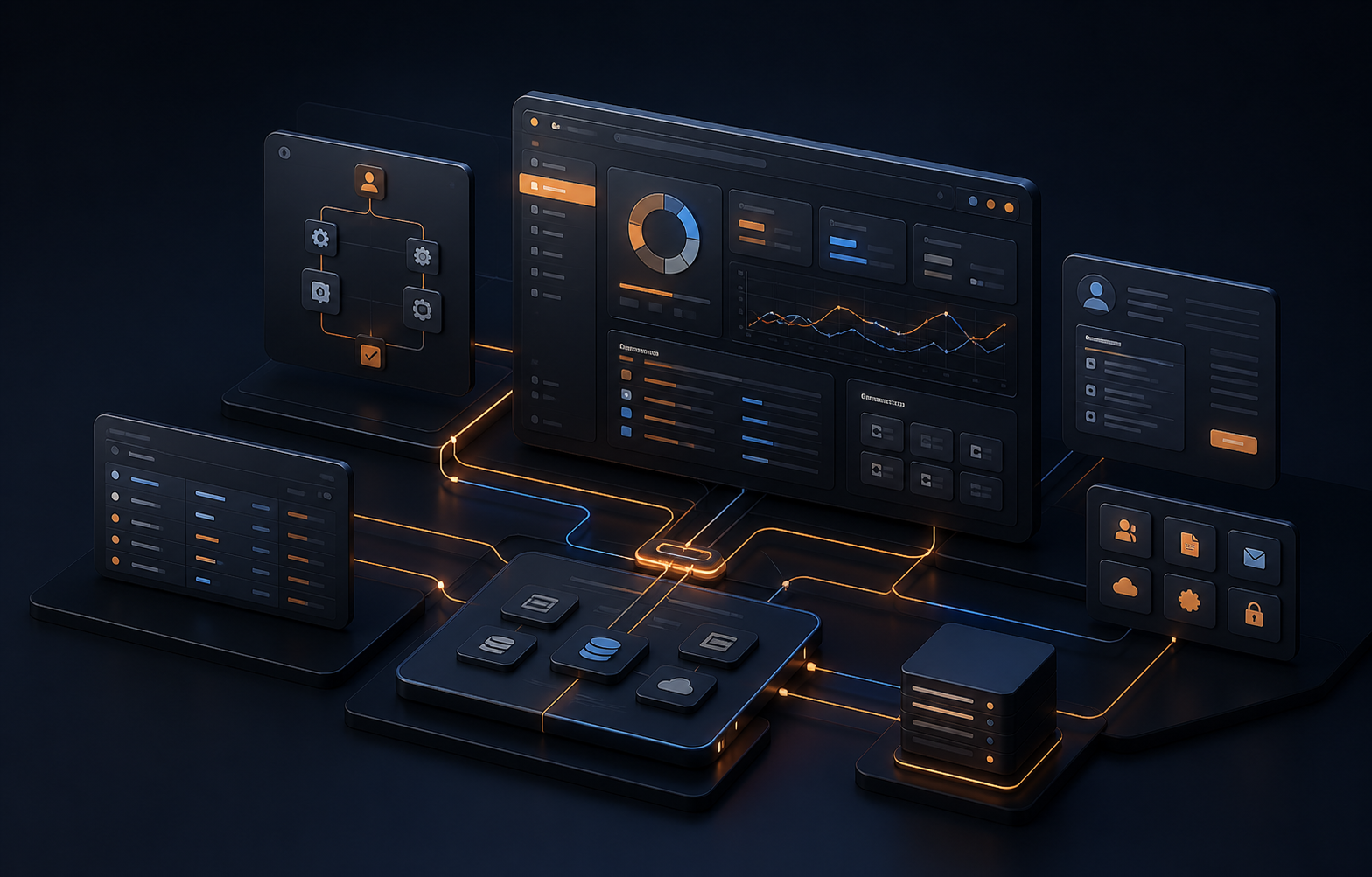 Illustrated ecosystem of dashboards, corporate portal, operational flows and integrations