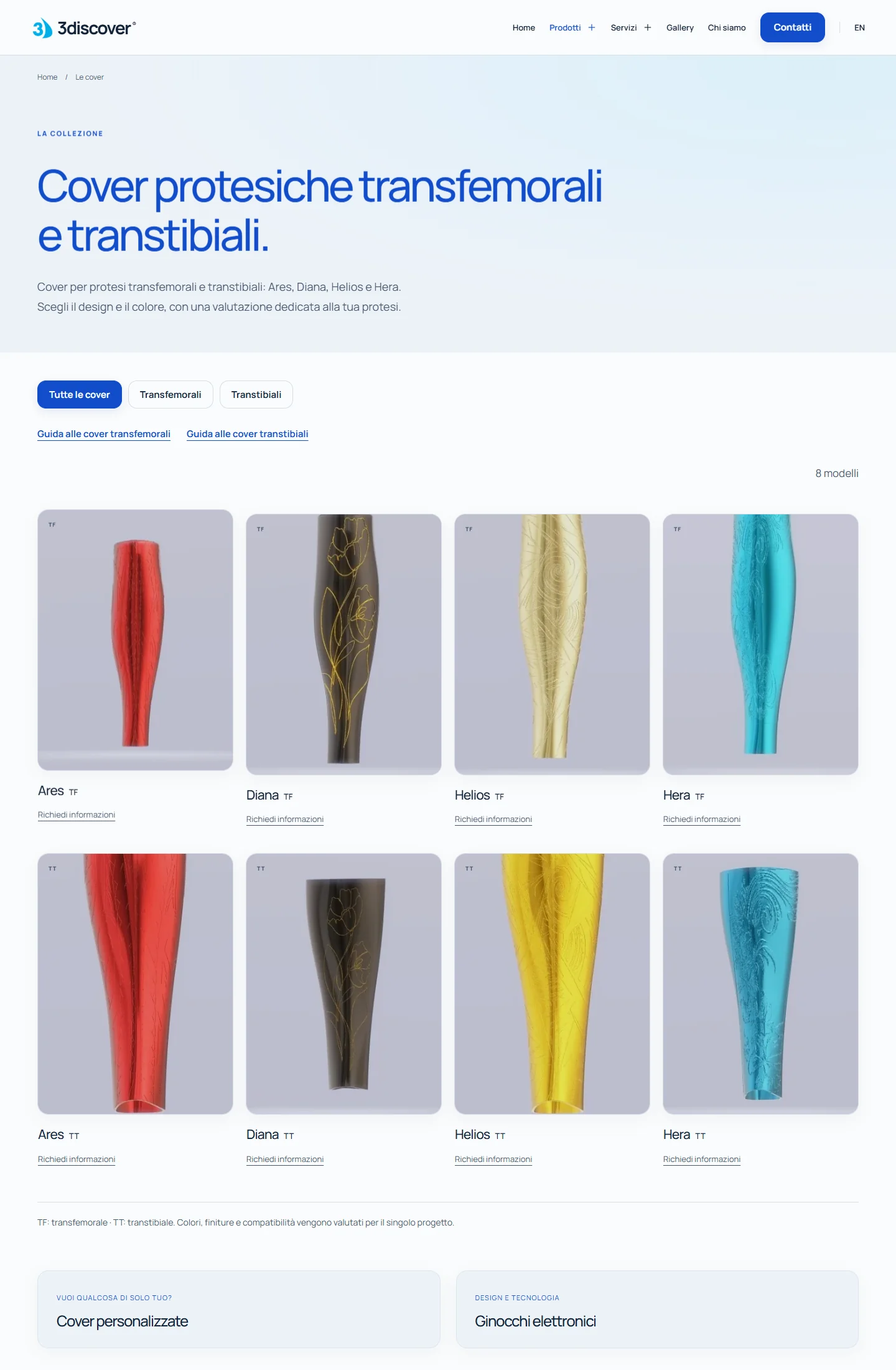 3discover prosthetic cover catalogue showing models, colours and filters
