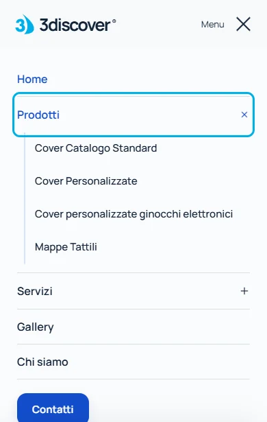 Open 3discover mobile menu showing product subpages