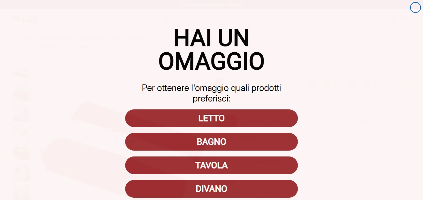 Personalizzazione dello shop ArredoCasa per la scelta dell'omaggio