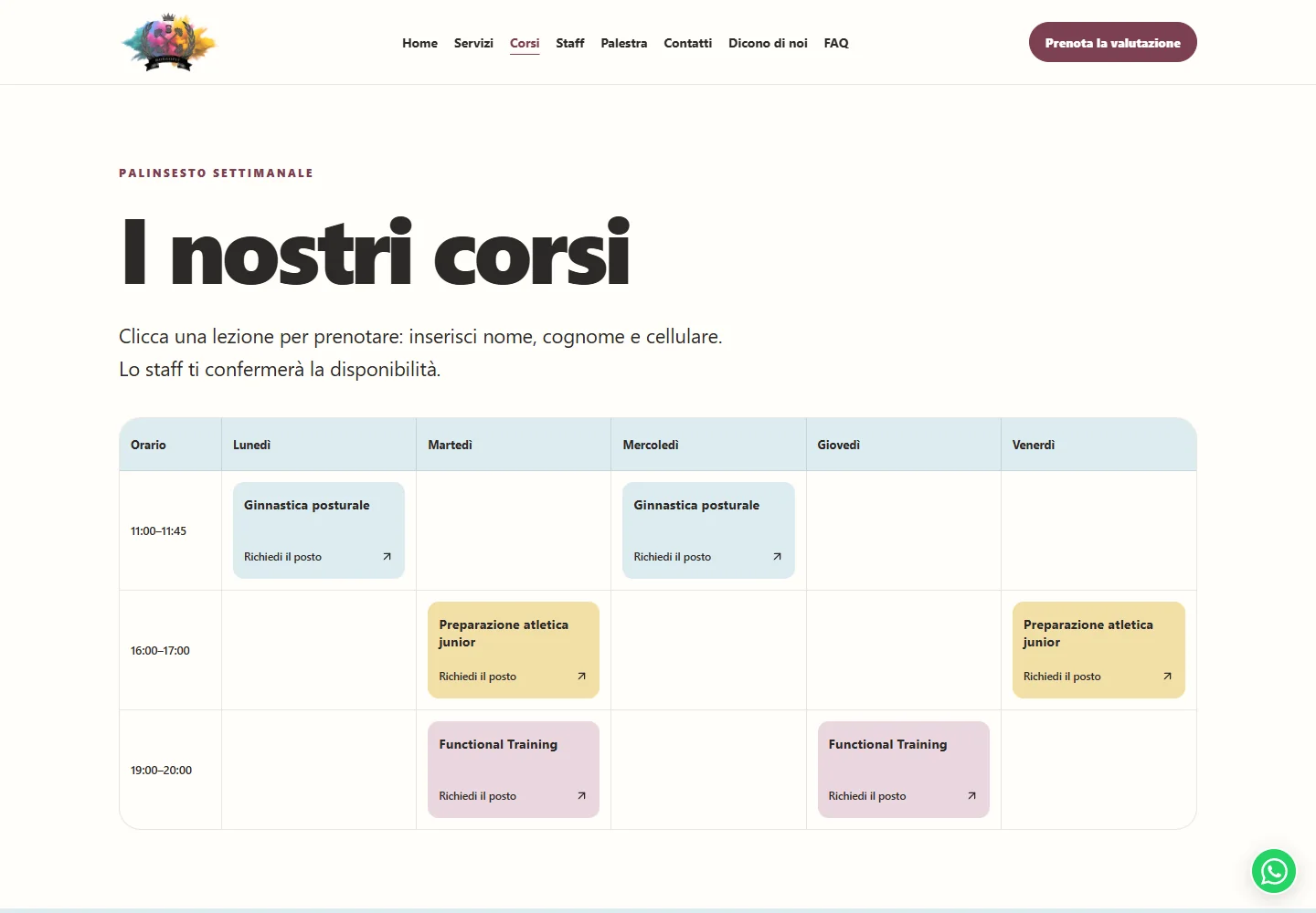 BorgoFit weekly class timetable