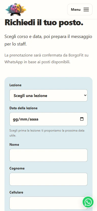 Mobile form for requesting a BorgoFit class