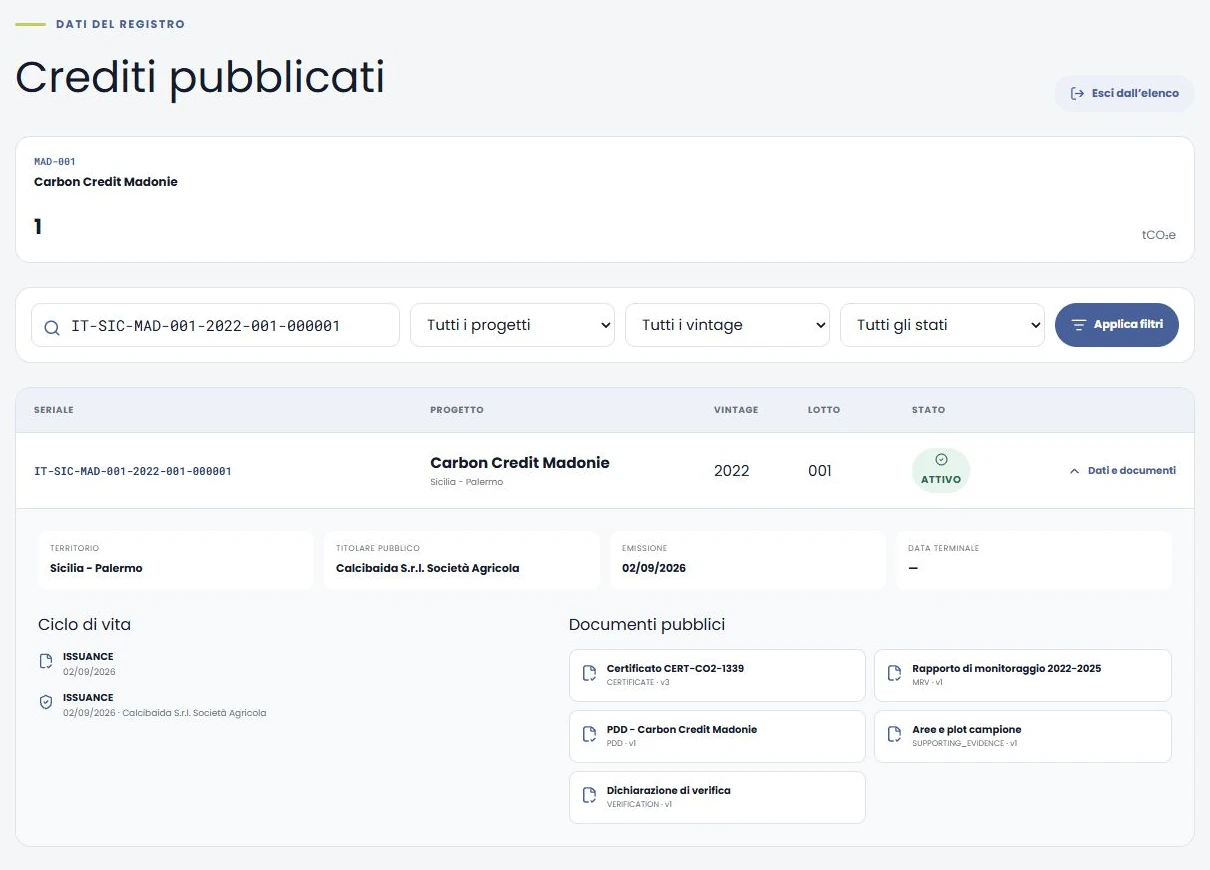 Catalogo Carbonetica filtrato per un seriale con dati e documenti del credito espansi