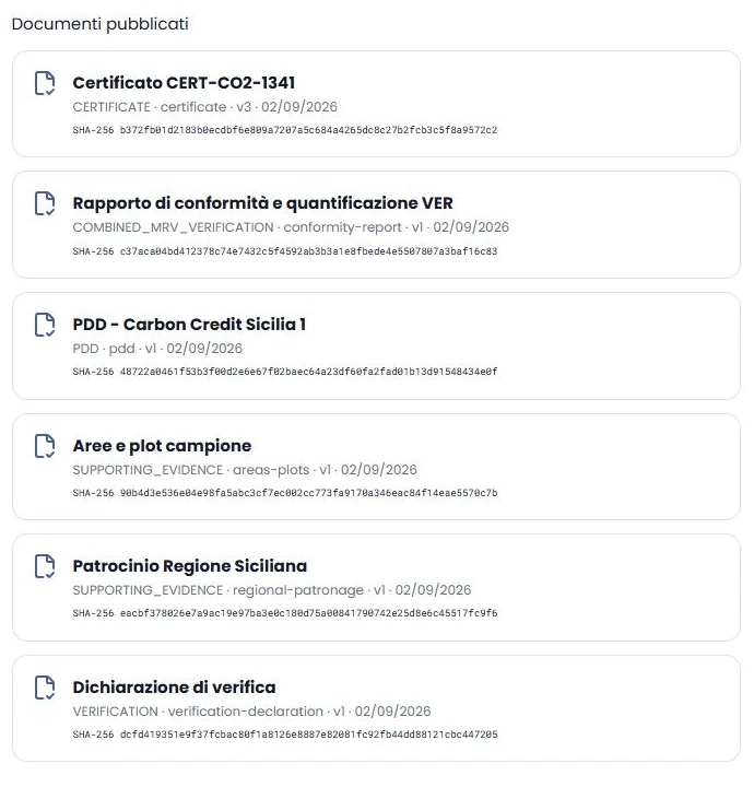 Sei documenti pubblici di Sicilia 1 con categoria, versione, data e hash SHA-256