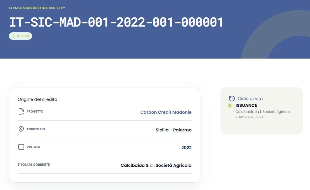 Scheda del seriale IT-SIC-MAD-001-2022-001-000001 attivo, con origine, titolare e cronologia