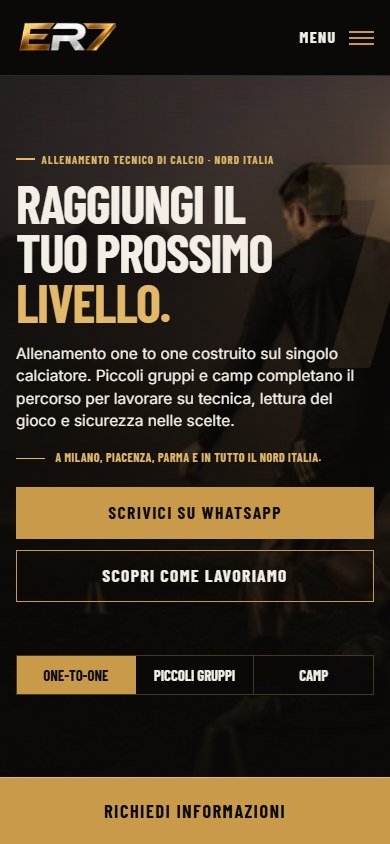 Homepage mobile del sito ER7 Football Training
