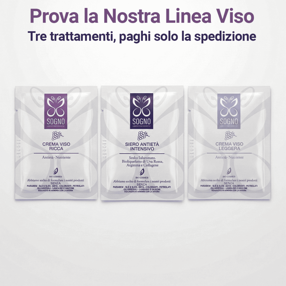 Grafica promozionale per campioni linea viso Sogno Cosmetici