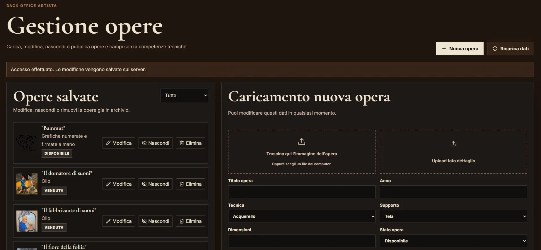 Back office custom autorizzato per la gestione di opere ed eventi