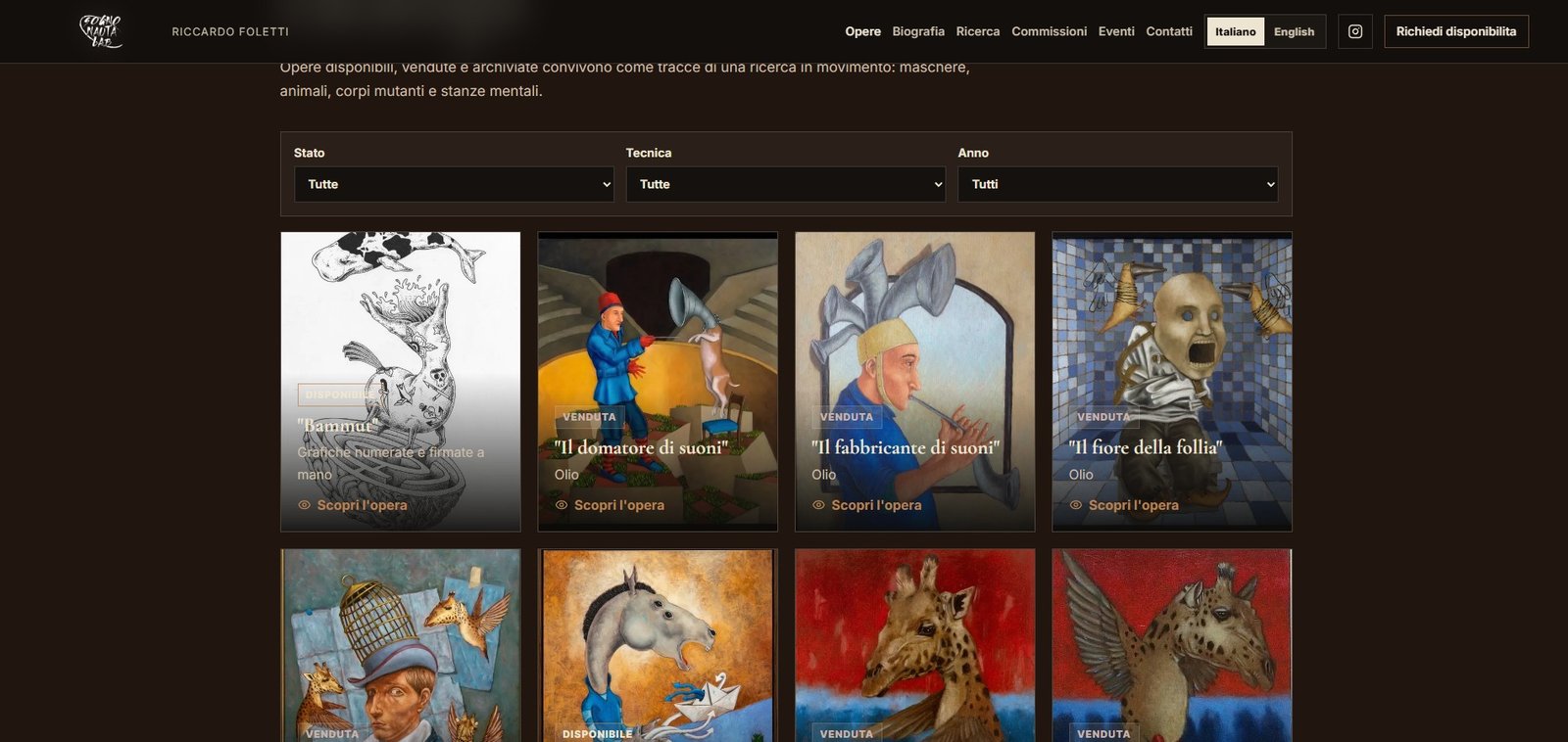 Screenshot desktop della sezione opere Sogno Nauta Lab